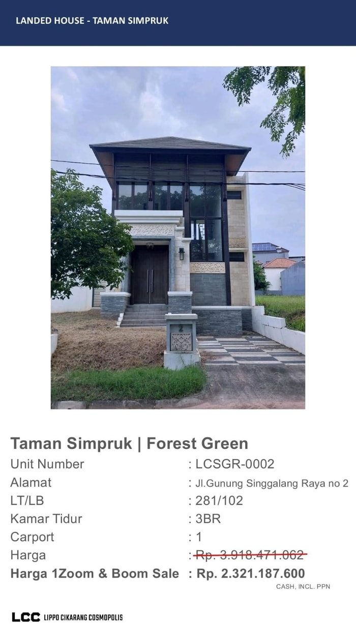 Rumah Dijual As is Lippo Cikarang Cluster Forest Green Taman Simpruk unit non standard (ex Buy Back)
