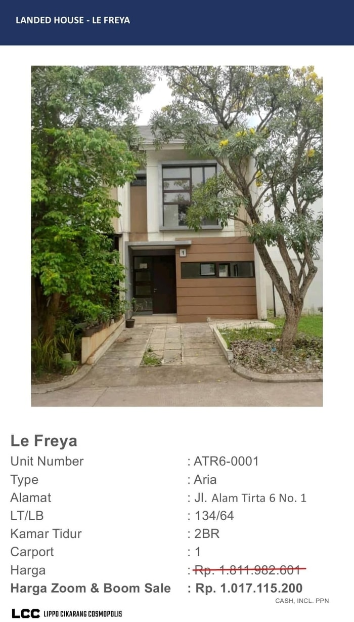 Rumah Dijual As is di Lippo Cikarang Cluster Le Freya unit non standard (ex Buy Back)