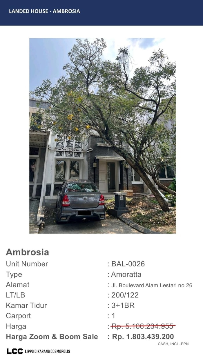 Rumah Dijual As is di Lippo Cikarang Cluster Ambrosia unit standard (ex Buy Back)