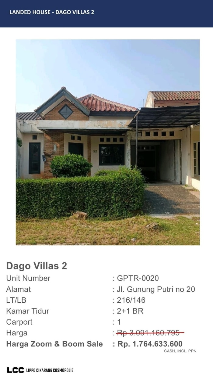 Rumah Dijual As is di Lippo Cikarang Cluster Dago Villa unit standard (ex Buy Back)