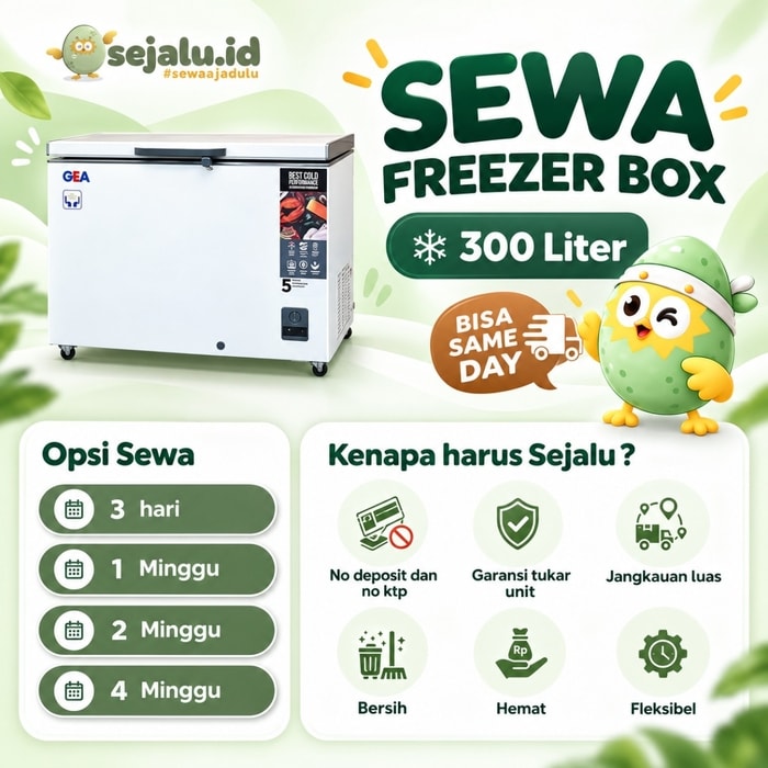 alt="Pamflet promosi sewa freezer box GEA 300 Liter dari Sejalu id dengan layanan bisa same day delivery dan opsi sewa harian hingga mingguan."
