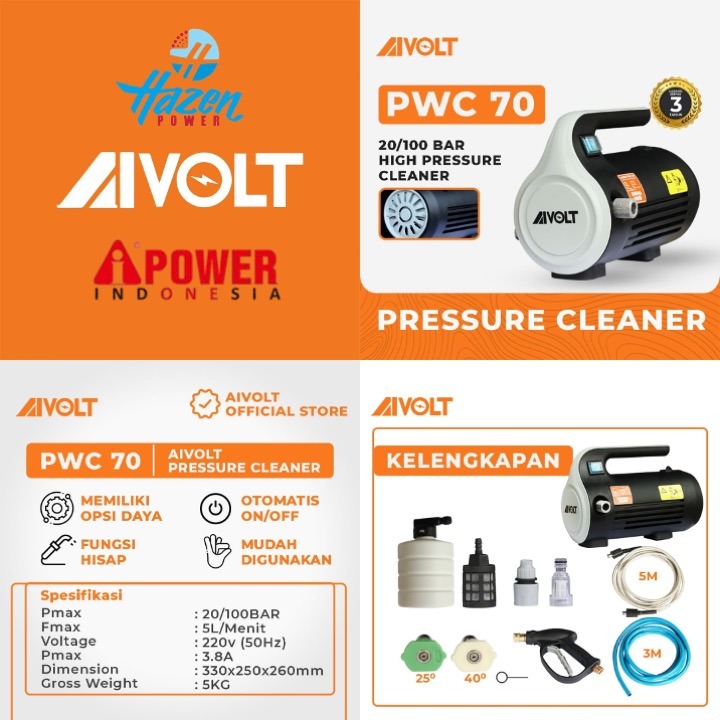 AiVolt Jet Cleaner PRESSURE WASHER CLEANER 20/100 BAR Type PWC-70 by HAZENpower