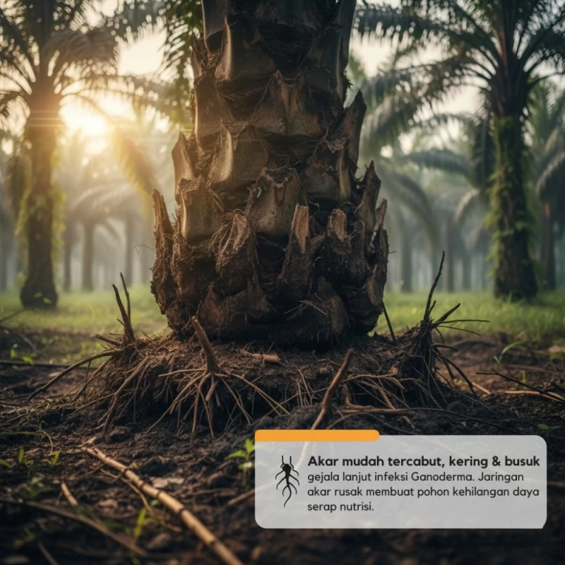 Akar mudah tercabut, kering & busuk