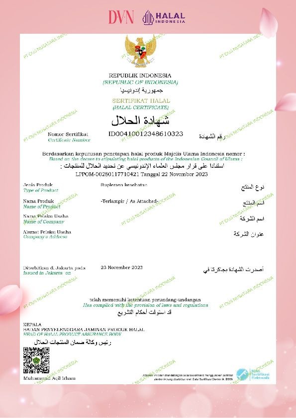 Sertifikat Halal Indonesia untuk produk D.V.N, nomor ID00410012348610323