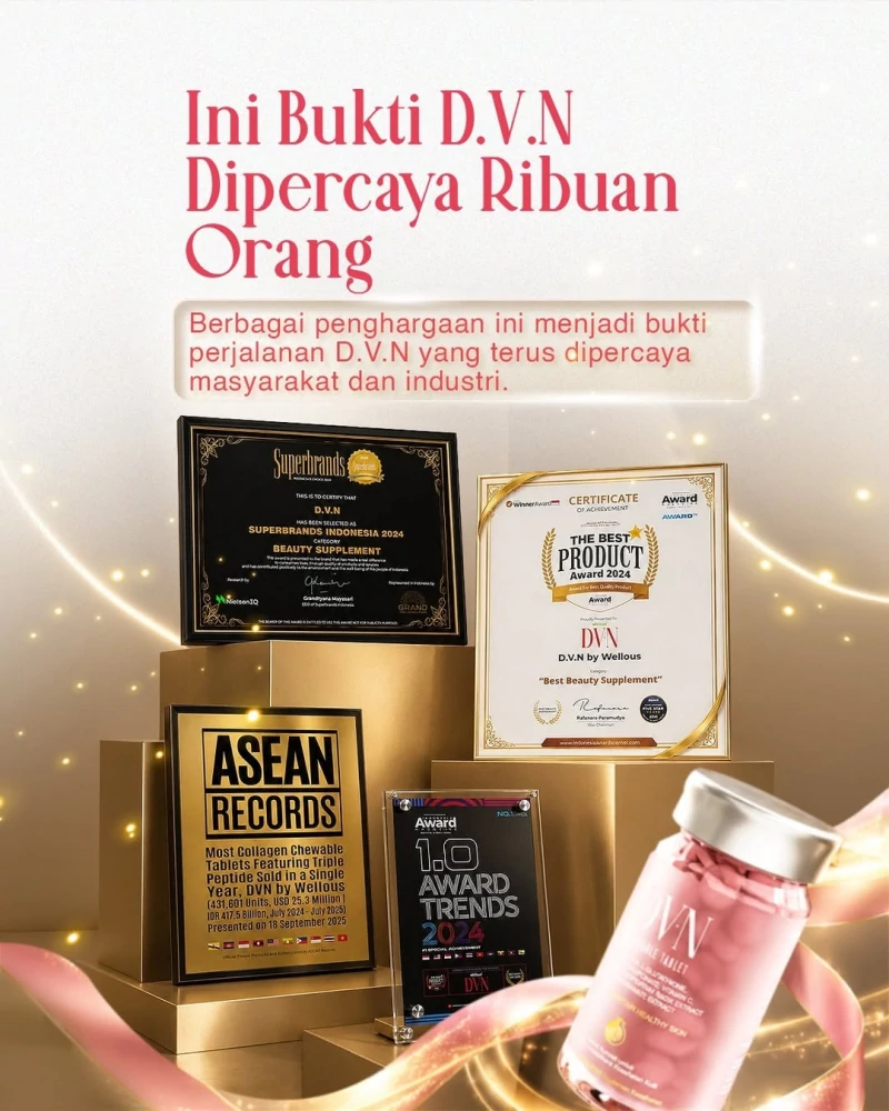 Sertifikat penghargaan D.V.N: Superbrands Indonesia 2024, Best Product Award 2024, ASEAN Records, Award Trends 2024