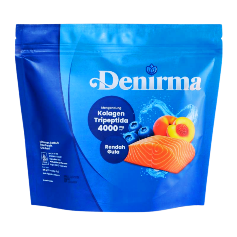 Kemasan Denirma Kolagen Tripeptida rasa persik dan blueberry
