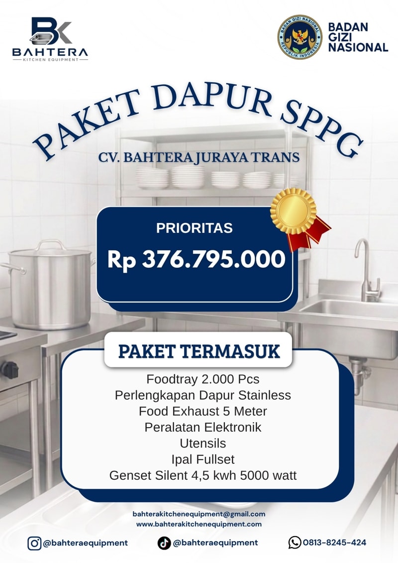 peralatan dapur MBG, dapur MBG, kitchen equipment MBG, dapur makan bergizi gratis, supplier peralatan dapur MBG, pabrik peralatan dapur MBG, vendor dapur MBG, pengadaan peralatan dapur MBG, central kitchen MBG, peralatan dapur Badan Gizi Nasional, supplier kitchen equipment Indonesia, pabrik kitchen equipment Indonesia, Bahtera Kitchen Equipment, kitchen equipment Jakarta, kitchen equipment Bandung, kitchen equipment Bekasi, kitchen equipment Bogor, kitchen equipment Tangerang, kitchen equipment Surabaya, kitchen equipment Semarang, kitchen equipment Bali, kitchen equipment Medan, kitchen equipment Makassar, kitchen equipment Palembang, kitchen equipment Batam, kitchen equipment Balikpapan, kitchen equipment Samarinda, kitchen equipment Pontianak, kitchen equipment Manado, kitchen equipment Jayapura, kitchen equipment stainless, pabrik kitchen equipment, supplier kitchen equipment, peralatan dapur stainless, kitchen equipment indonesia, kitchen set stainless, pabrik peralatan dapur stainless, supplier peralatan dapur industri, kitchen equipment custom, kitchen equipment profesional, meja stainless, sink stainless, bak cuci stainless, rak stainless, troli stainless, exhaust hood stainless, working table stainless, wall shelf stainless, cabinet stainless, grease trap stainless, central kitchen, kitchen equipment restoran, kitchen equipment hotel, kitchen equipment catering, kitchen equipment rumah sakit, kitchen equipment sekolah, kitchen equipment industri makanan, kitchen equipment bakery, kitchen equipment food service
