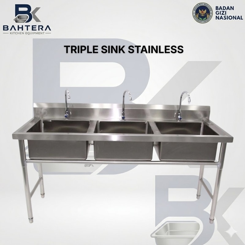triple sink stainless steel, triple sink, bak cuci 3 lubang, bak cuci stainless steel, sink stainless steel, triple bowl sink, kitchen sink stainless, tempat cuci peralatan dapur, bak cuci restoran, bak cuci catering, bak cuci rumah sakit, sink dapur industri, kitchen equipment stainless, pabrik kitchen equipment, supplier kitchen equipment, peralatan dapur stainless, kitchen equipment indonesia, sink mbg, peralatan dapur mbg, makanan bergizi gratis, badan gizi nasional, pabrik peralatan dapur stainless, supplier sink stainless steel, bahtera kitchen equipment