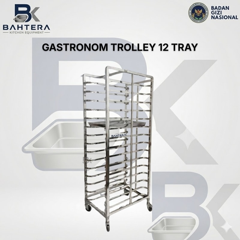 gastronom trolley, trolley 12 tray, trolley gastronorm, trolley stainless steel, trolley mbg, trolley makanan bergizi gratis, trolley catering, trolley dapur industri, trolley tray makanan, rak tray stainless steel, trolley dapur sekolah, trolley distribusi makanan, trolley dapur komunal, trolley kitchen equipment, trolley gn pan, trolley penyimpanan makanan, trolley heavy duty, peralatan dapur mbg, baht era kitchen equipment, trolley gastronorm stainless steel