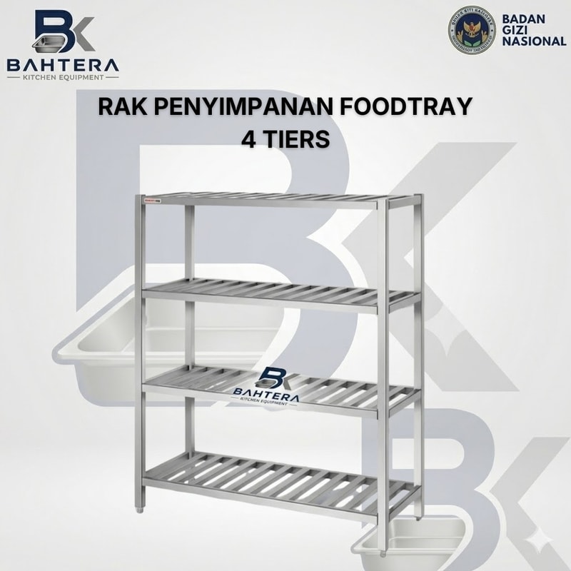 rak food tray stainless steel, rak penyimpanan food tray, rak food tray 4 tiers, rak food tray mbg, rak ompreng stainless steel, rak nampan makan, rak tray makanan, rak dapur stainless steel, rak penyimpanan tray, rak katering, rak restoran, rak rumah sakit, rak sekolah, rak dapur komersial, rak stainless steel heavy duty, perlengkapan dapur mbg, kitchen equipment mbg, supplier rak food tray, distributor kitchen equipment, bahtera kitchen equipment