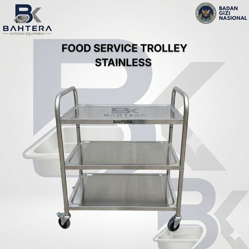 ood service trolley stainless, troli makanan stainless, trolley stainless steel, troli distribusi makanan, troli dapur MBG, food trolley catering, troli pelayanan makanan, trolley rumah sakit, troli stainless 3 susun, troli angkut makanan, peralatan dapur MBG, trolley katering, troli food grade, perlengkapan dapur industri, troli makan sekolah, troli distribusi MBG, stainless service cart, kitchen trolley stainless, trolley makanan sekolah, trolley catering stainless