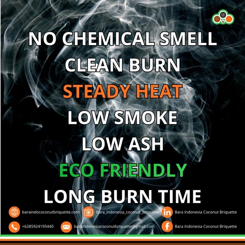 Visual graphic promoting coconut shell shisha charcoal features: no chemical smell clean burn steady heat low smoke low ash eco friendly and long burn time
