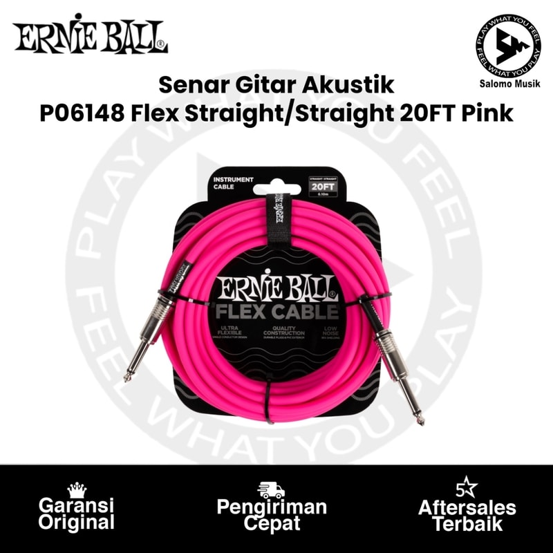 Kabel Instrumen Ernie Ball P06418 Flex Instrument Cable Straight/Straight 20FT Pink