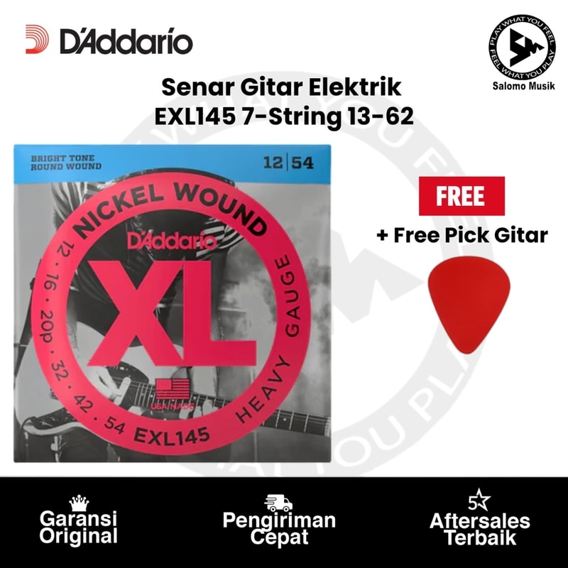 Senar Gitar Elektrik D'Addario EXL145 7-String Nickel-Plated Steel Heavy Plain 3rd 12-54 Original + Free Pick Gitar
