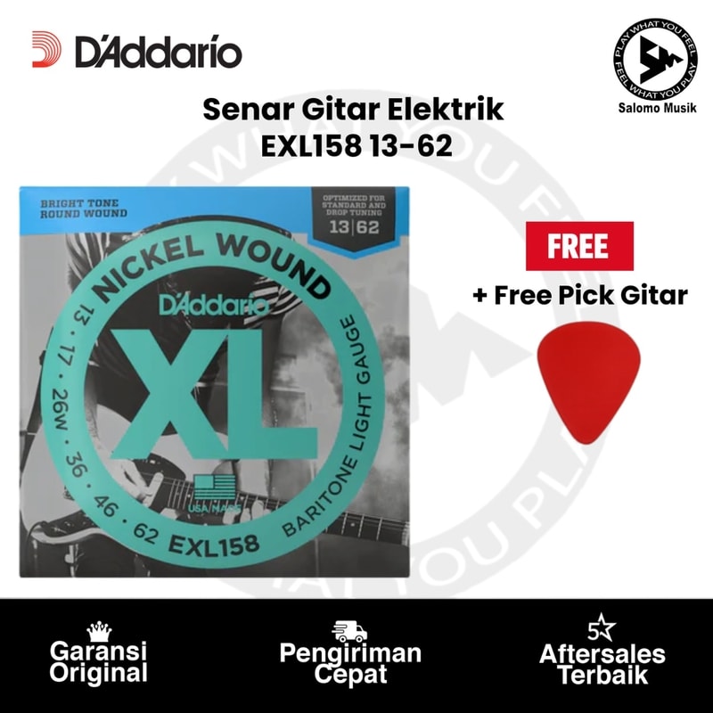 Senar Gitar Elektrik D'Addario EXL158 Nickel-Plated Steel Light Baritone 13-62 Original + Free Pick Gitar