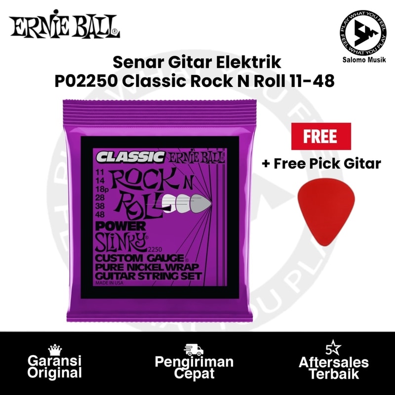 Senar Gitar Elektrik Ernie Ball P02250 Power Slinky Classic Rock N Roll Pure Nickel Wrap 11-48 Original + Free Pick Gitar
