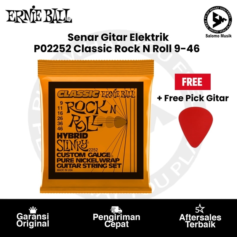 Senar Gitar Elektrik Ernie Ball P02252 Hybrid Slinky Classic Rock N Roll Pure Nickel Wrap 9-46 Original + Free Pick Gitar