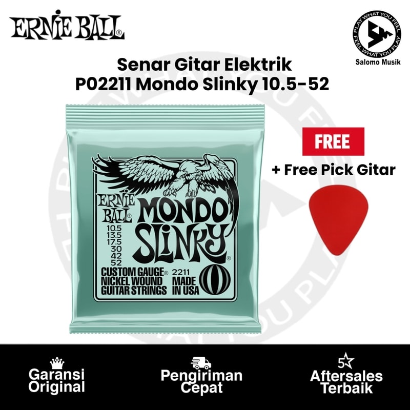 Senar Gitar Elektrik Ernie Ball P02211 Mondo Slinky Nickel Wound 10.5-52 Original + Free Pick Gitar