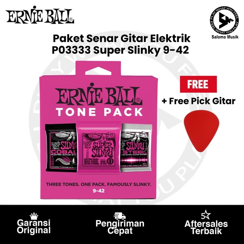 Paket Senar Gitar Elektrik Ernie Ball P03333 Super Slinky 9-42 Original + Free Pick Gitar