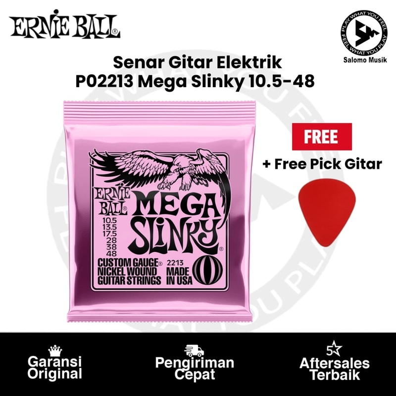 Senar Gitar Elektrik Ernie Ball P02213 Mega Slinky Nickel Wound 10.5-48 Original + Free Pick Gitar