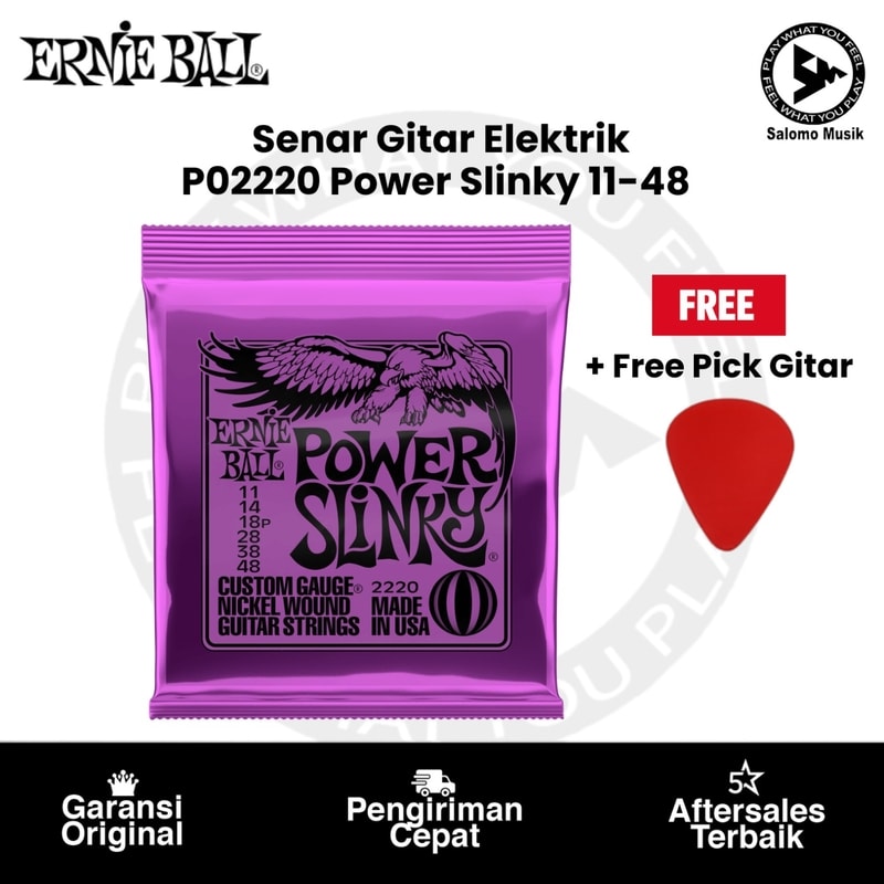 Senar Gitar Elektrik Ernie Ball P02220 Power Slinky Nickel Wound 11-48 Original + Free Pick Gitar