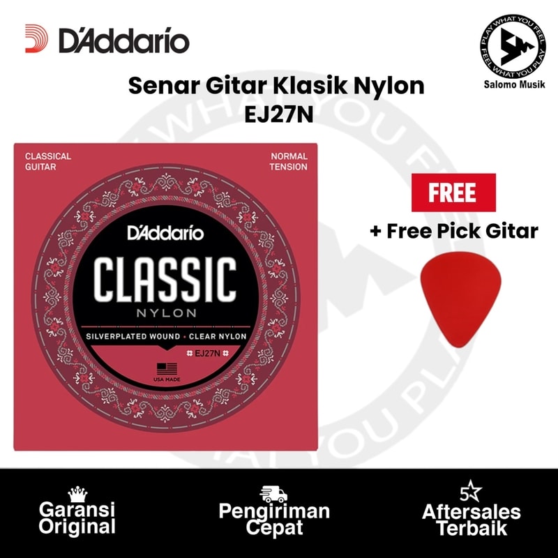 Senar Gitar Klasik Nylon D'Addario EJ27N Normal Tension Clear/Silverplated Wound Original + Free Pick Gitar