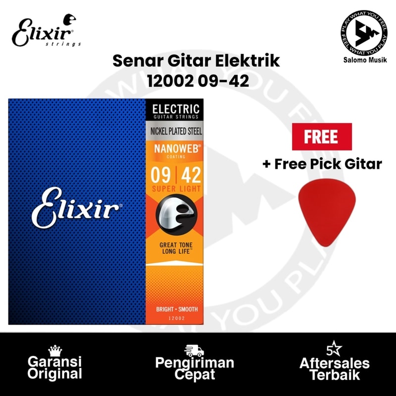 Senar Gitar Elektrik Elixir 12002 Nanoweb Super Light 09-42 Original  + Free Pick Gitar