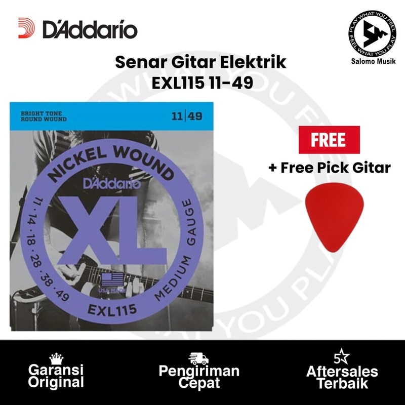 Senar Gitar Elektrik D'Addario EXL115 Nickel Wound Medium/Blues-Jazz Rock 11-49 Original + Free Pick Gitar