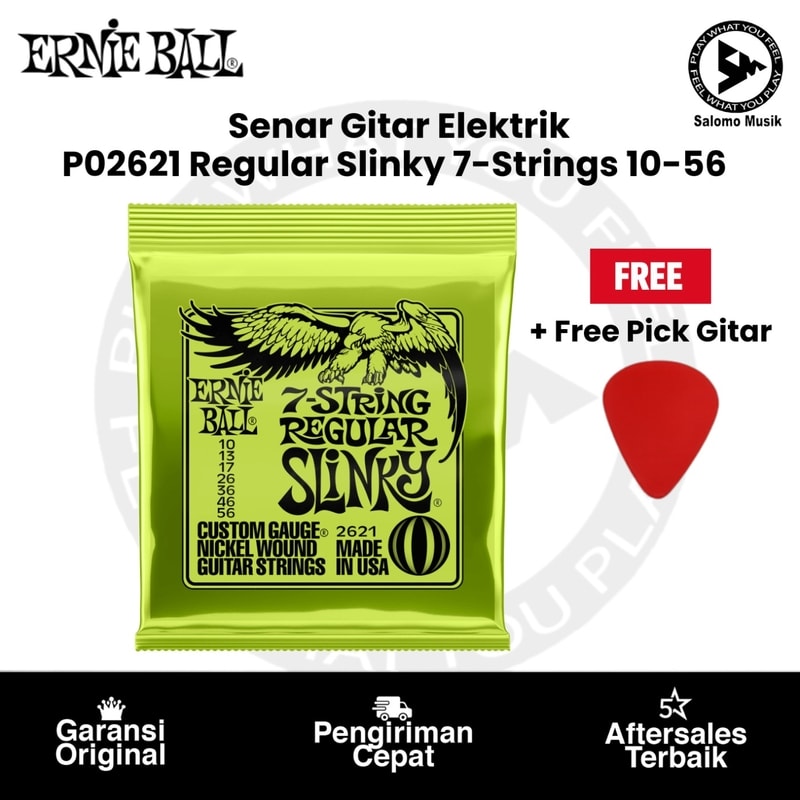 Senar Gitar Elektrik Ernie Ball P02621 Regular Slinky 7-String Nickel Wound 10-56 Original + Free Pick Gitar