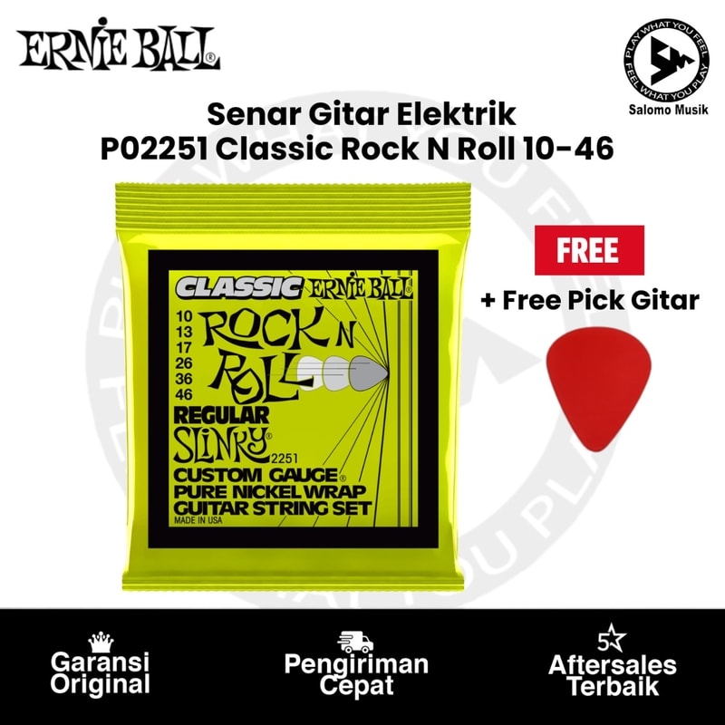Senar Gitar Elektrik Ernie Ball P02251 Regular Slinky Classic Rock N Roll Pure Nickel Wrap 10-46 Original + Free Pick