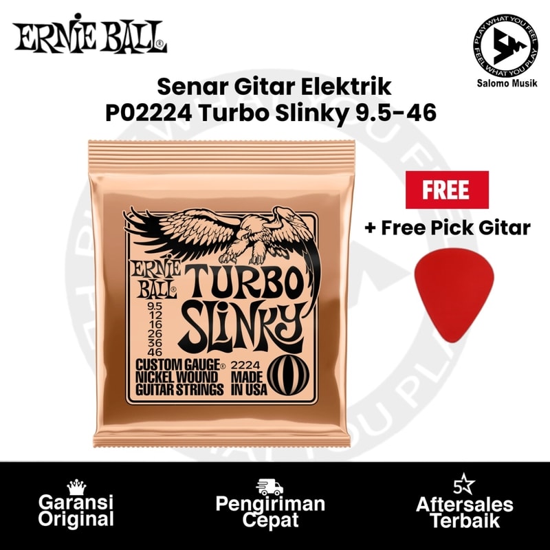 Senar Gitar Elektrik Ernie Ball P02224 Turbo Slinky Nickel Wound 9.5-46 Original + Free Pick Gitar