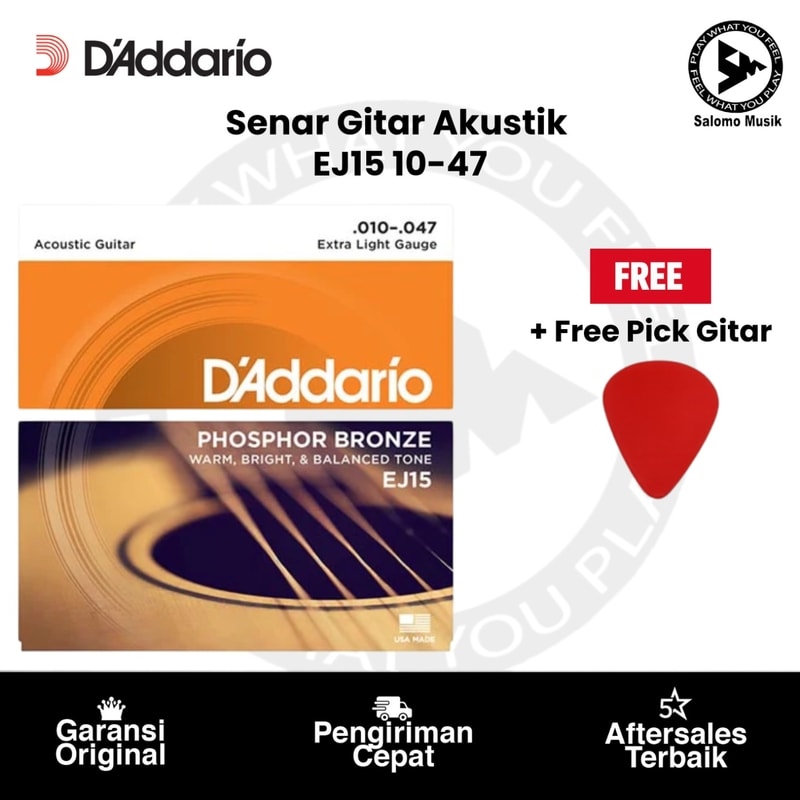 Senar Gitar Akustik D'Addario EJ15 Phosphor Bronze Extra Light 10-47 Original + Free Pick Gitar