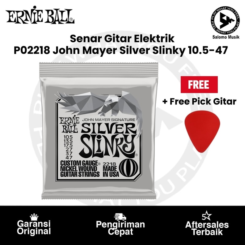 Senar Gitar Elektrik Ernie Ball P02218 John Mayer Silver Slinky Nickel Wound 10.5-47 Original + Free Pick Gitar