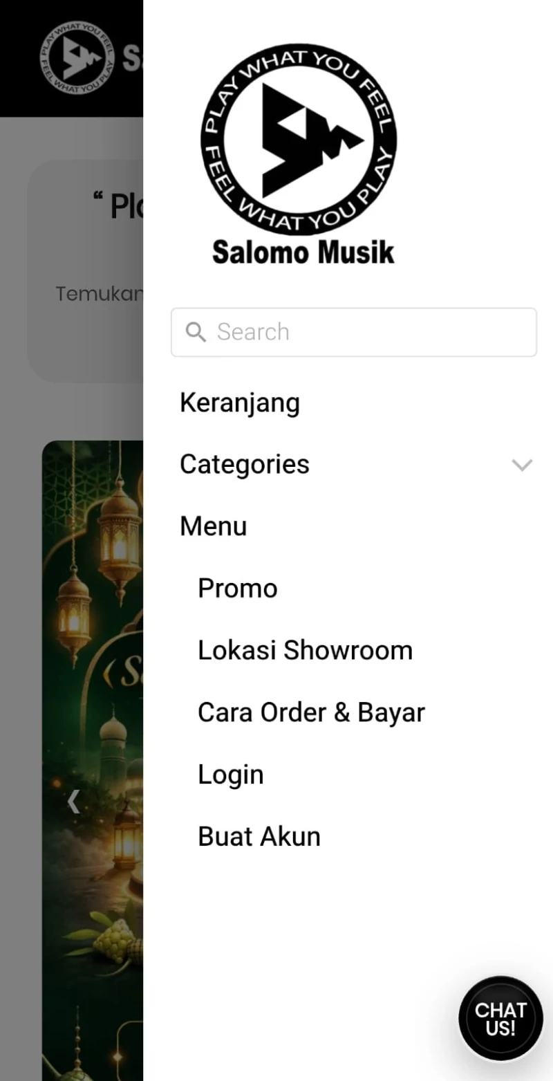 Langkah daftar atau login akun Salomo Musik melalui menu di pojok kanan atas