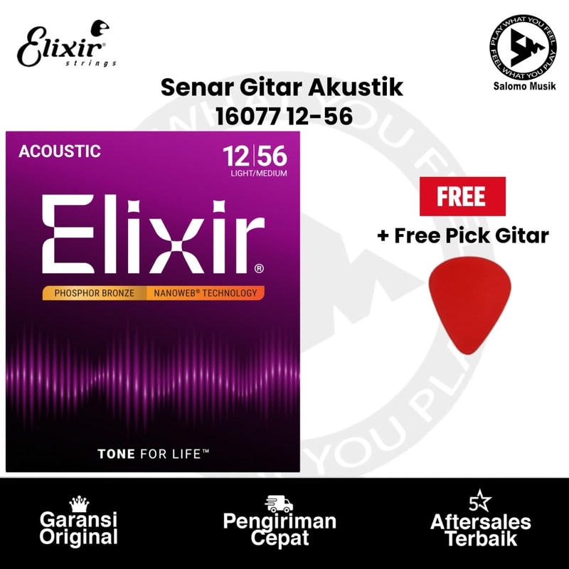 Senar Gitar Akustik Elixir 16077 Nanoweb Phosphor Bronze Light/Medium 12-56 + Free Pick Gitar