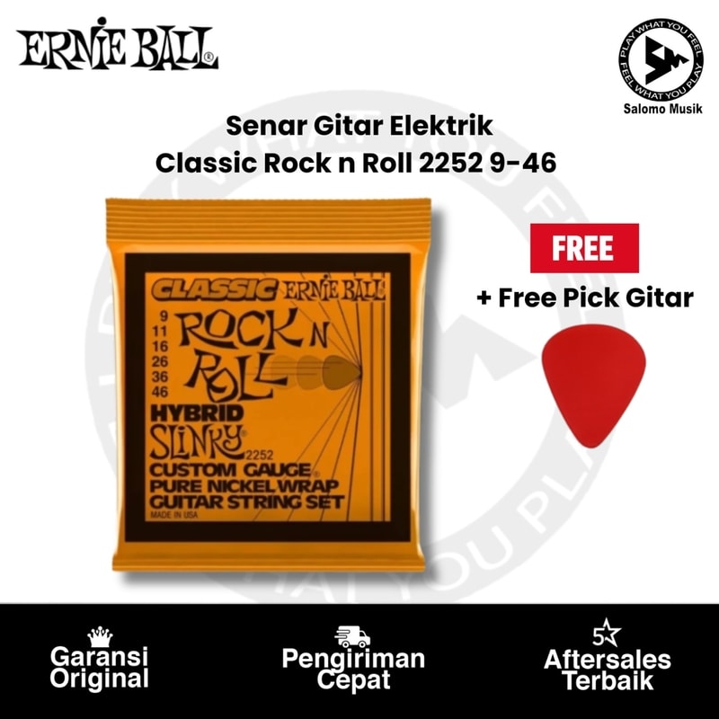 Senar Gitar Elektrik Ernie Ball Classic Rock n Roll 2252 9-46 + Free Pick Gitar