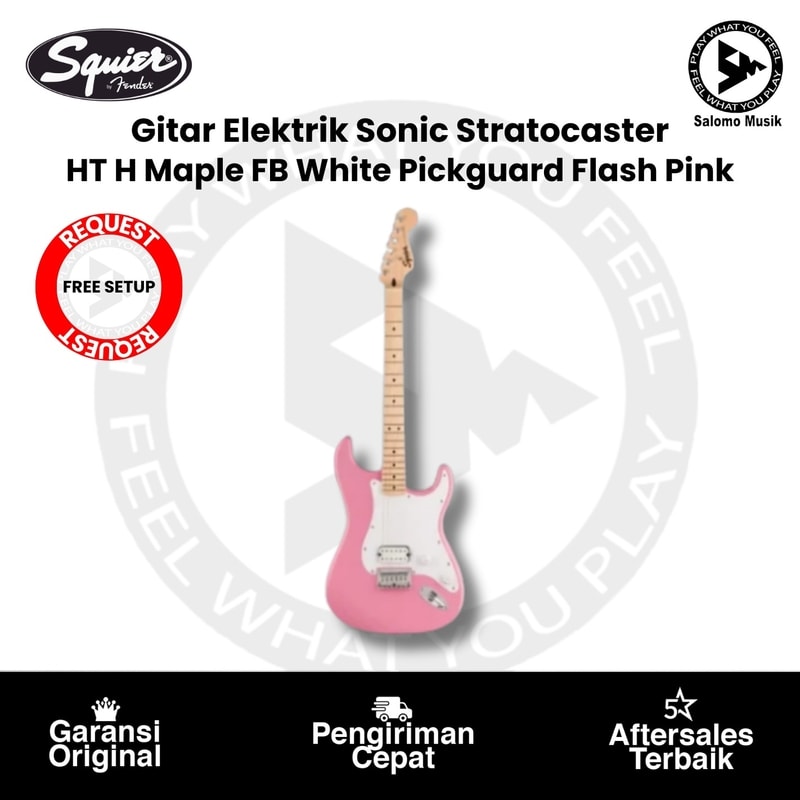 Gitar Elektrik Squier Sonic Stratocaster HT H Maple FB White Pickguard Flash Pink + Free Request Setting