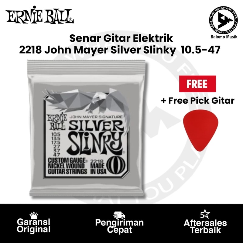 Senar Gitar Elektrik Ernie Ball 2218 John Mayer Silver Slinky Nickel Wound 10.5-47 Original + Free Pick Gitar