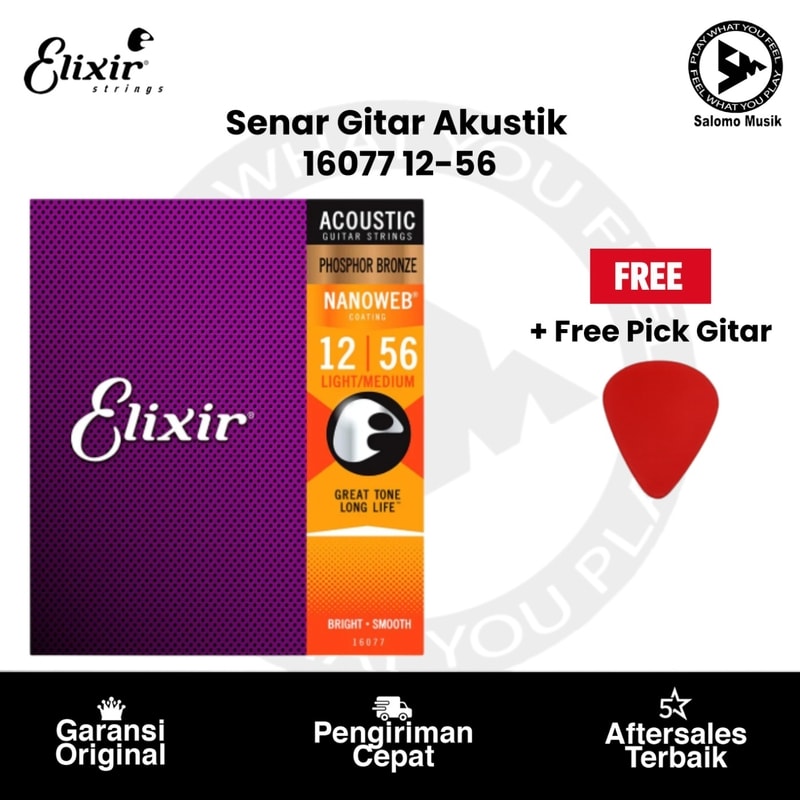 Senar Gitar Akustik Elixir 16077 Nanoweb Phosphor Bronze Light-Medium 12-56 Original + Free Pick Gitar