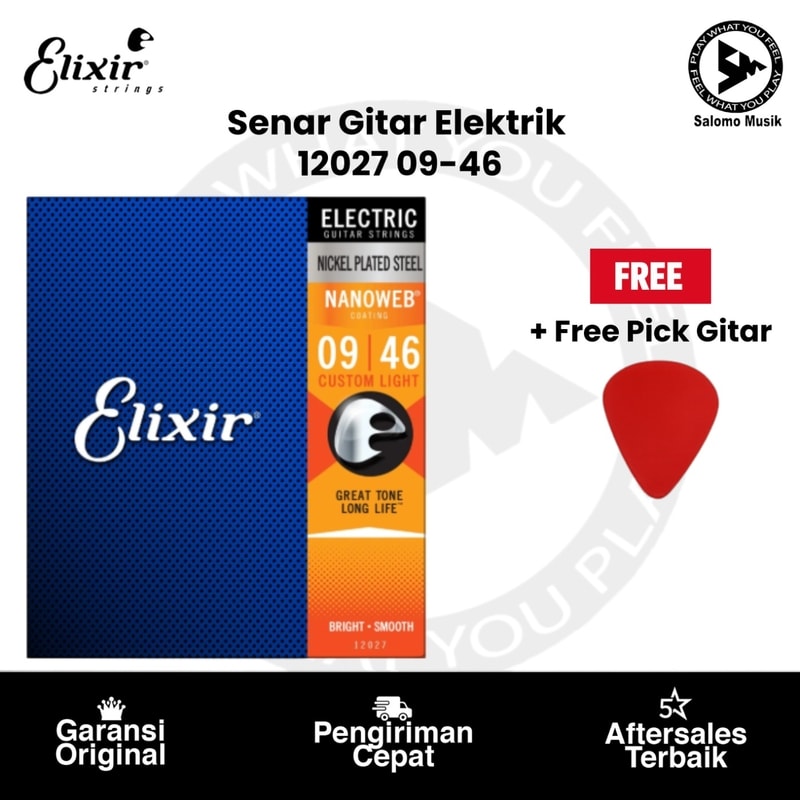 Senar Gitar Elektrik Elixir 12027 Nanoweb Custom Light 09-46 Original + Free Pick Gitar