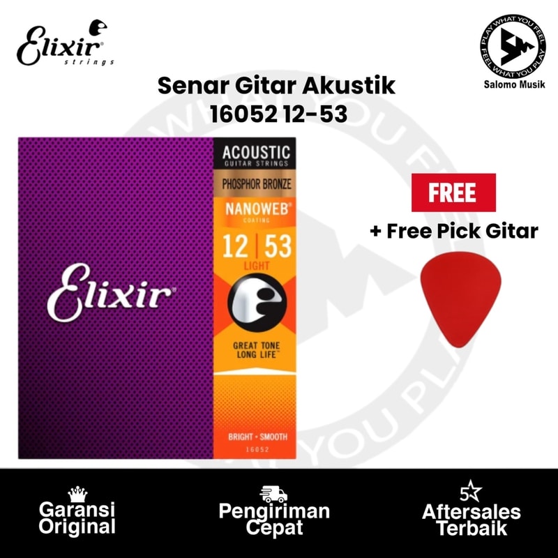 Senar Gitar Akustik Elixir 16052 Nanoweb Light 12-53 Original + Free Pick Gitar