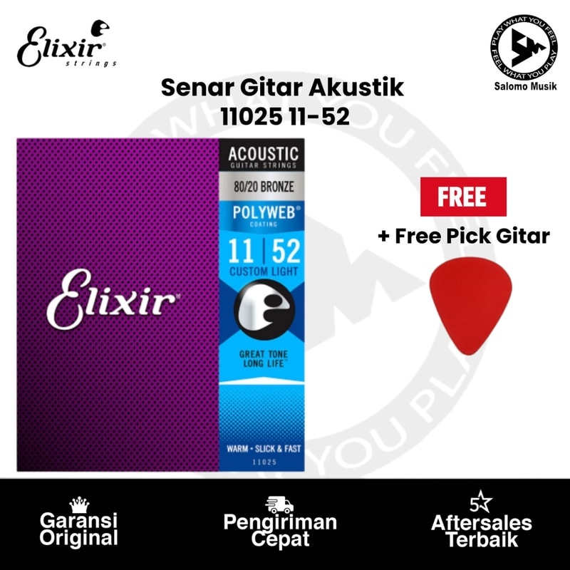 Senar Gitar Akustik Elixir 11025 Custom Light 11-52 + Free Pick Gitar