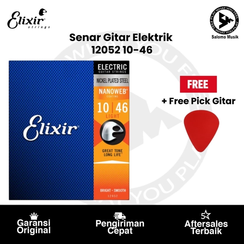 Senar Gitar Elektrik Elixir 12052 Nanoweb Light 10-46 Original + Free Pick Gitar