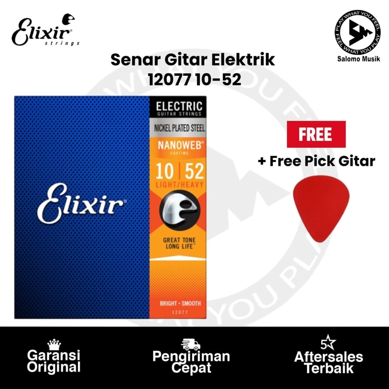 Senar Gitar Elektrik Elixir 12077 Light-Heavy 10-52 Original + Free Pick Gitar