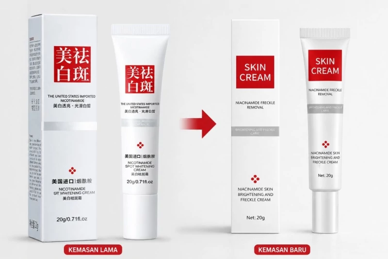Perbandingan kemasan lama dan baru Nicotinamide Skin Brightening and Freckle Cream