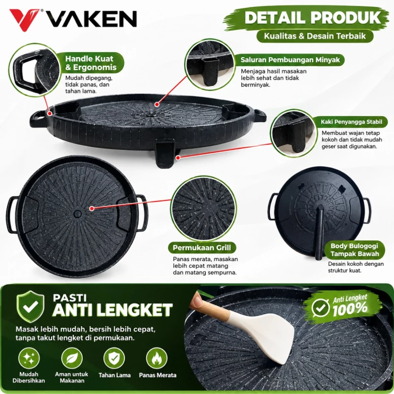 Detail Grill Pan VAKEN: handle, saluran minyak, kaki penyangga