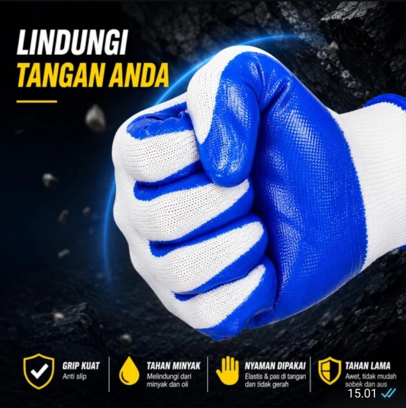 Detail desain elastis dan anti selip sarung tangan kerja
