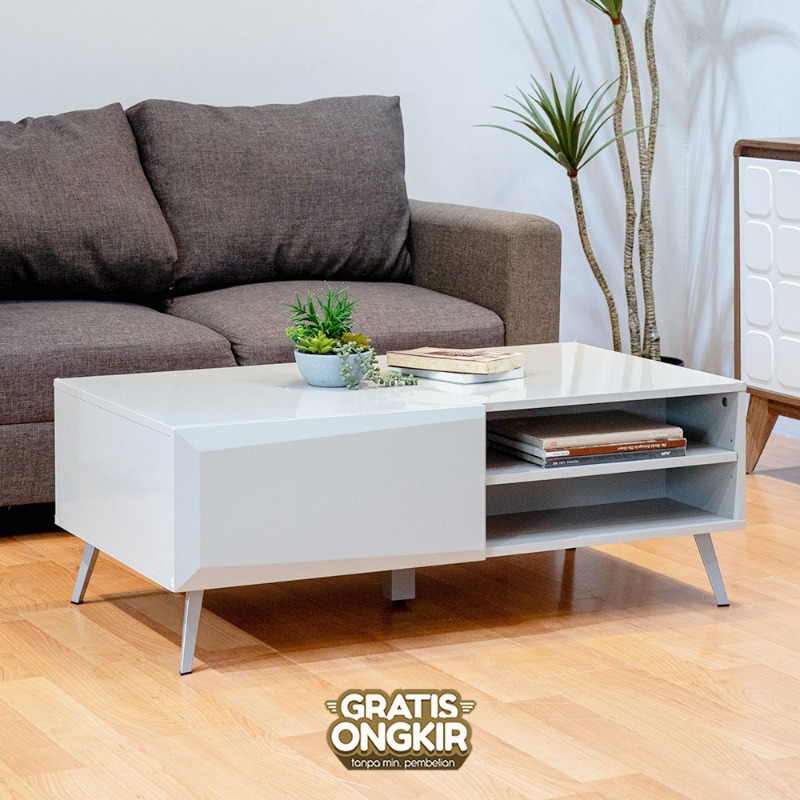 Meja Tamu Meja Kopi Kaki Besi - Xander Coffee Table 100 cm Light Grey Glossy