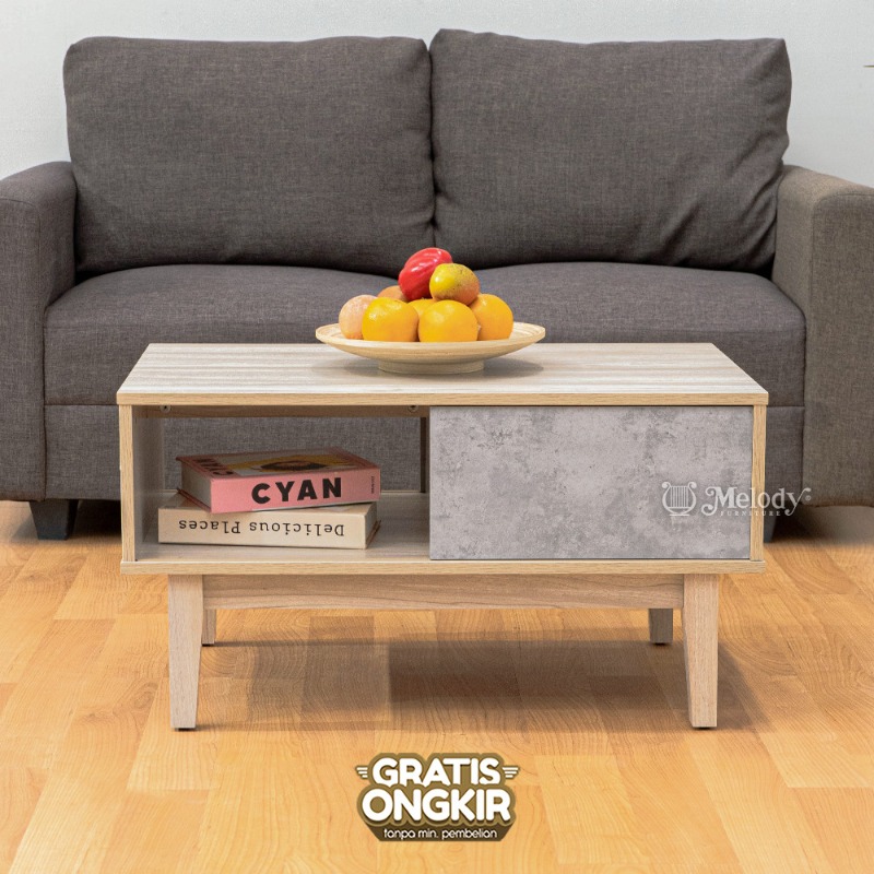 Meja Kopi Meja Tamu Industrial Motif Semen & Kayu Natural - Kumi Coffee Table 80 cm