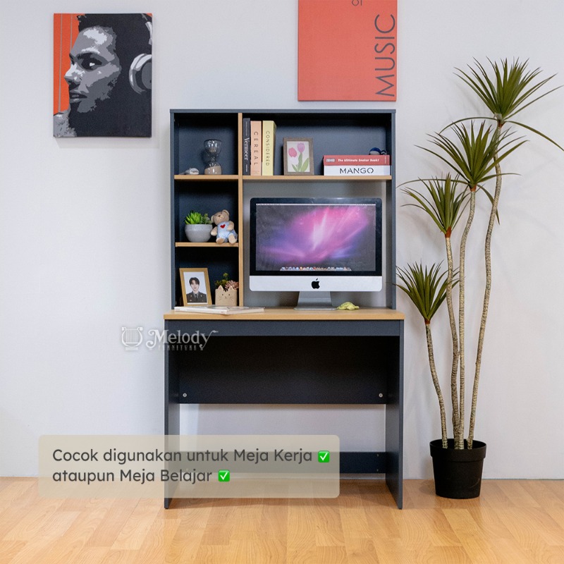 Melody Furniture - Meja Keja Belajar Kantor dengan Rak Buku Serbaguna BUZZ DESK 90 cm - GREY BIANCO